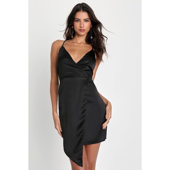 LULUS BLACK SATIN MINI DRESS LARGE Satin Asymmetrical Mini Dress NWT - Picture 1 of 9